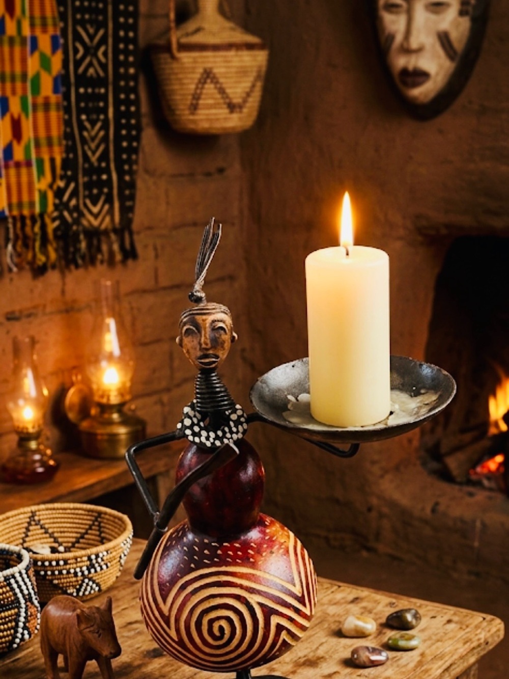 African art-candle holder-handmade-Massai worrior-metal& gourd-spear& shield